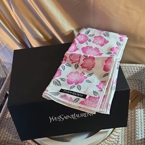 Yves Saint Laurent White and Pink Floral Women's Scarf 19x19 Cotton